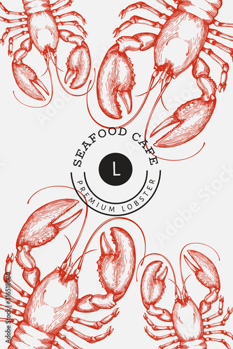 Lobster banner template. Hand drawn vector seafood illustration. Engraved style. Vintage sea animal background