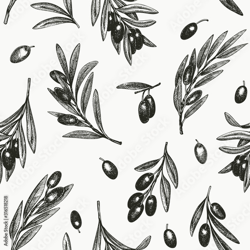 Olive branch seamless pattern. Hand drawn vector food illustration. Engraved style mediterranean plant background. Retro botanical illustration.