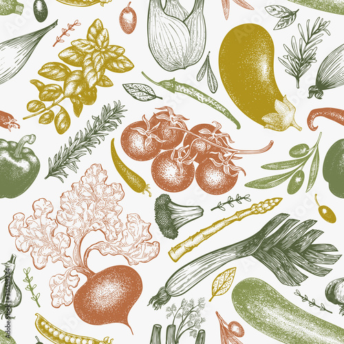 Vegetables hand drawn vector seamless pattern. Retro engraved style illustrations. Can be use for menu, label, packaging, flyer, farm market products.