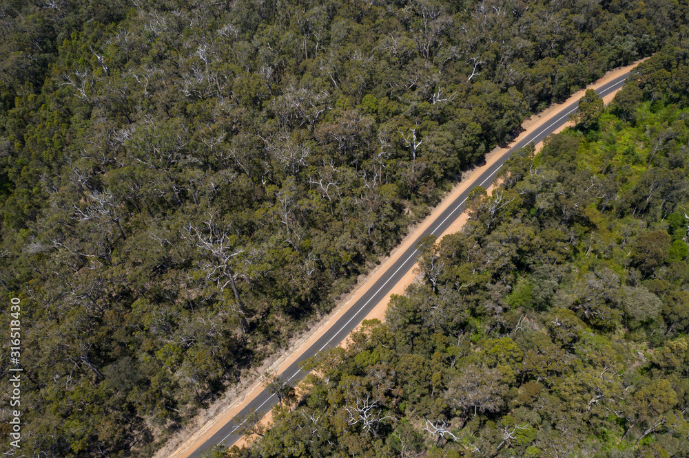 Aerial view of a road through the Nannup State forest in Western Australia