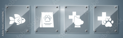 Set Veterinary clinic symbol, Veterinary clinic symbol, Bag of food for dog and Fish. Square glass panels. Vector