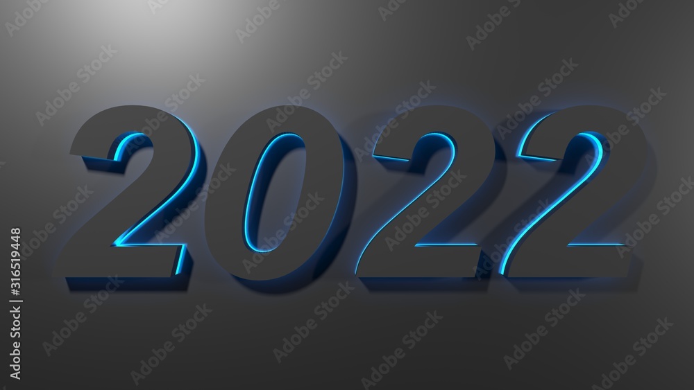 2022 in black digits with blue  back light, on a black surface - 3D rendering illustration
