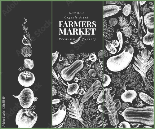 Vegetables hand drawn vector banner set. Retro engraved style illustrations on chalk board. Can be use for menu, label, packaging, flyer, farm market products. photo