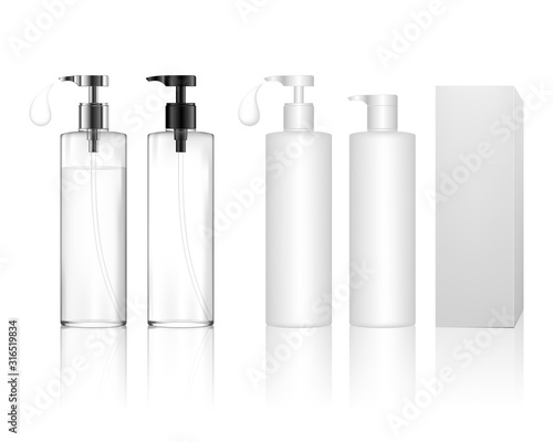 Cosmetic plastic bottle with dispenser pump and box. Skin care bottles for gel, liquid, lotion, cream, shampoo, bath foam. Beauty product package, vector illustration.