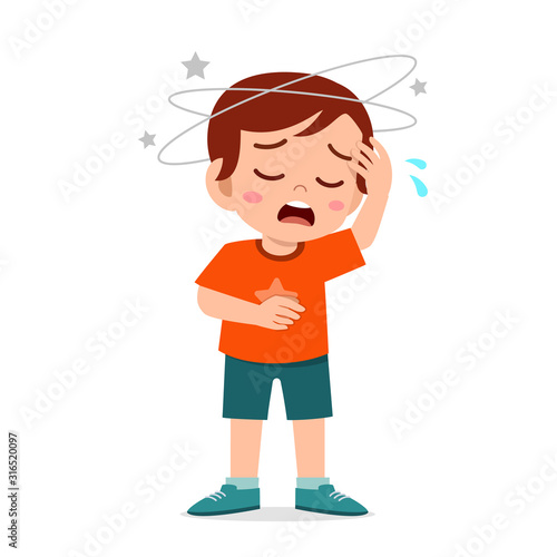 cartoon little kid boy get bad headache