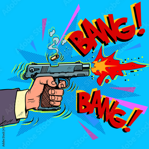 Shot from a gun comic style. Attack bullet attack