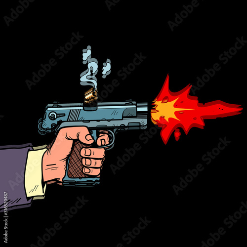 Shot from a gun comic style. Attack bullet attack