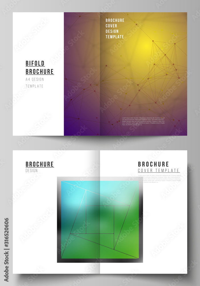 Vector layout of two A4 format modern cover mockups design templates for bifold brochure, flyer, booklet. 3d polygonal geometric modern design abstract background. Science or technology vector.