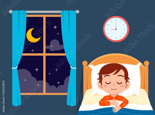happy cute little boy sleep in bed room