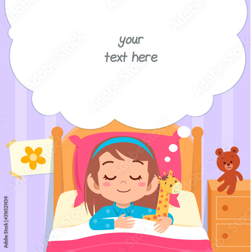 happy cute little kid girl sleep in bed room