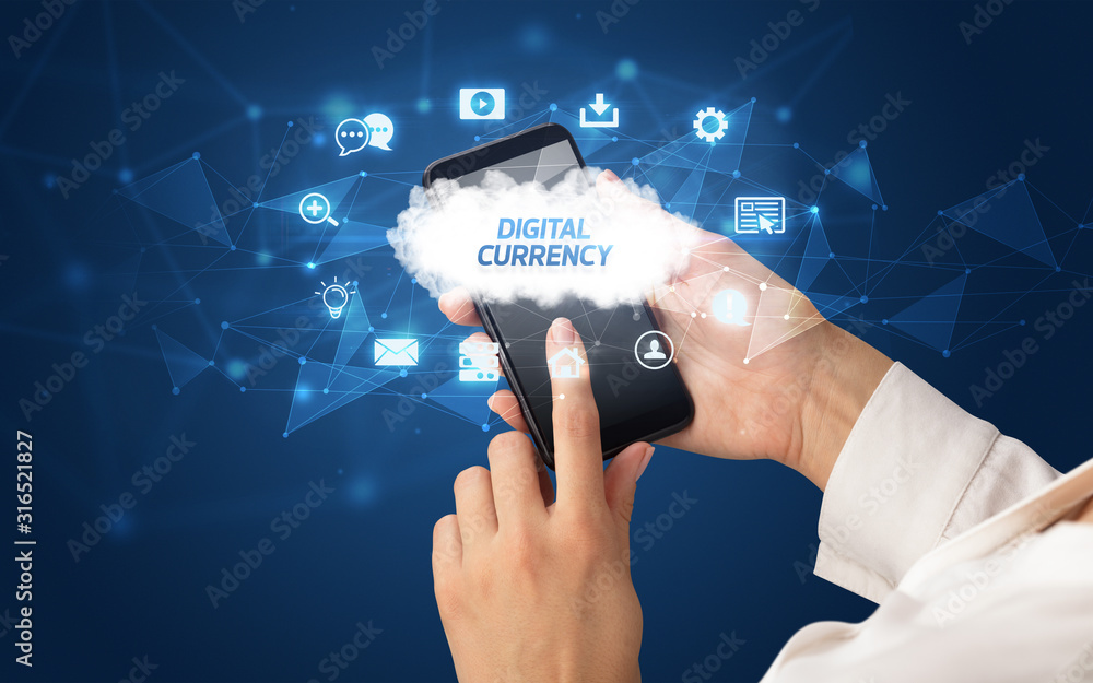 Female hand holding smartphone with DIGITAL CURRENCY inscription, cloud technology concept