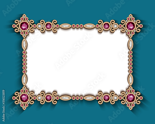 Vintage gold wedding card with ornamental jewelry border, decorated with diamonds and ruby gemstones, jewellery invitation template with place for text, antique rectangle frame in ethnic style