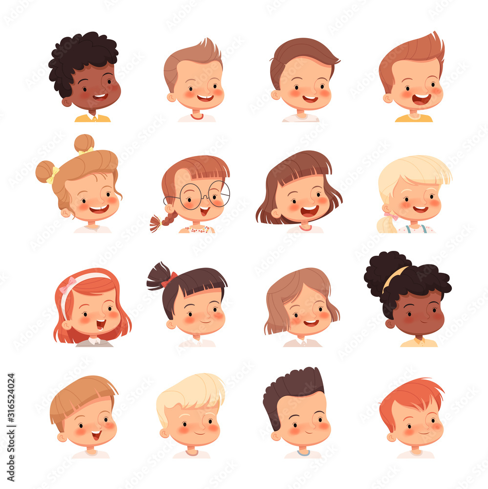 Children's portraits for avatars. Heads of boys and girls Children's portraits for avatars. Heads of boys and girls