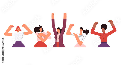 Strong independent women raise their hands and show their power.
