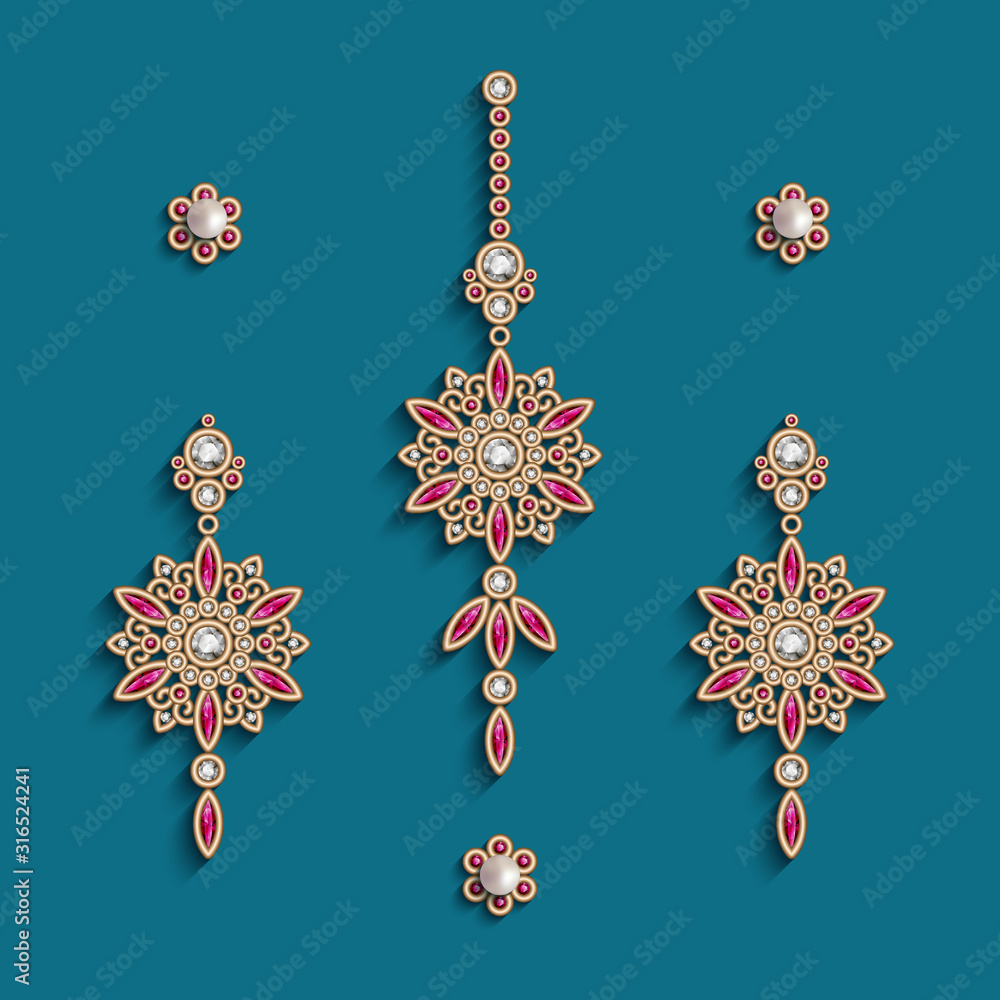 Vintage gold jewelry, earrings and forehead decoration with diamonds