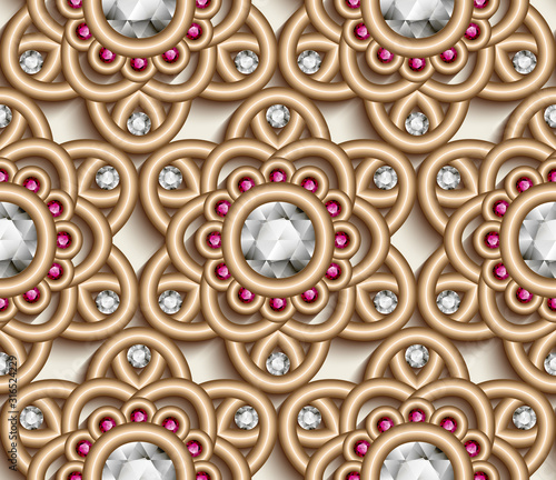 Vintage diamond jewelry pattern of gold flowers, elegant floral lace texture, jewellery golden seamless ornament on white background