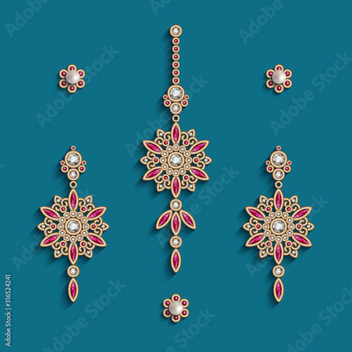 Vintage gold jewelry, earrings and forehead decoration with diamonds and precious ruby gemstones, elegant jewellery collection, set of filigree women's decoration in Indian style