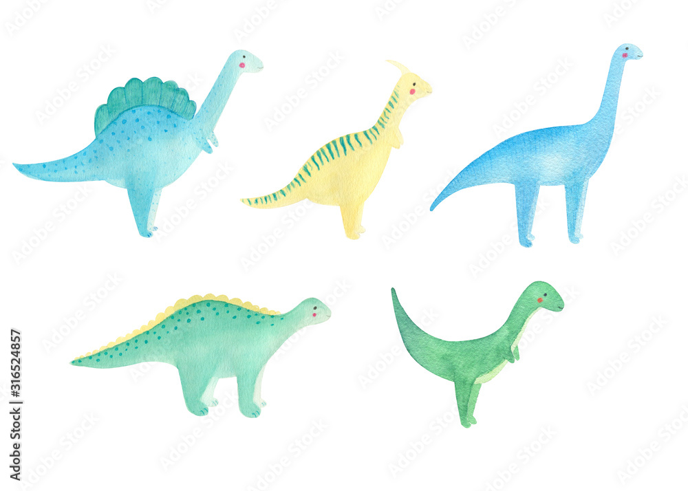 Fototapeta premium Watercolor hand drawn set with cute little dinosaurs isolated on white background. Clip art with colorful lovely dino. Children concept, design. For pattern, background, textile. 