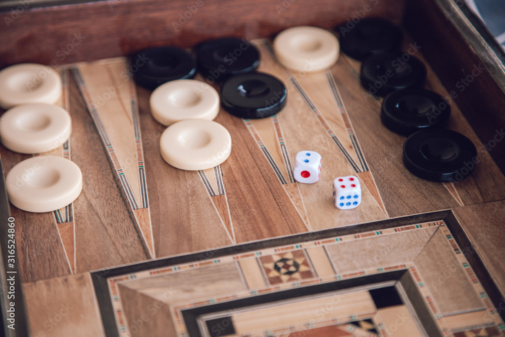 Backgammon Wooden Traditional Oriental Syrian Decorated Game Board with Dices Backgammon Wooden Traditional Oriental Syrian Decorated Game Board with Dices