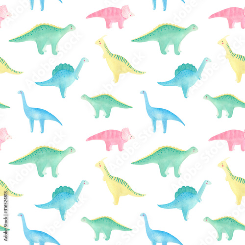 Cute watercolor dinosaur children seamless pattern on white background. Lovely summer pattern with colorful dino. Perfect for children textile, kids background,  school supplies, covers, fabric. 