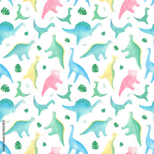 Cute watercolor dinosaur children seamless pattern on white background. Lovely summer pattern with colorful dino. Perfect for children textile  kids background   school supplies  covers  fabric. 