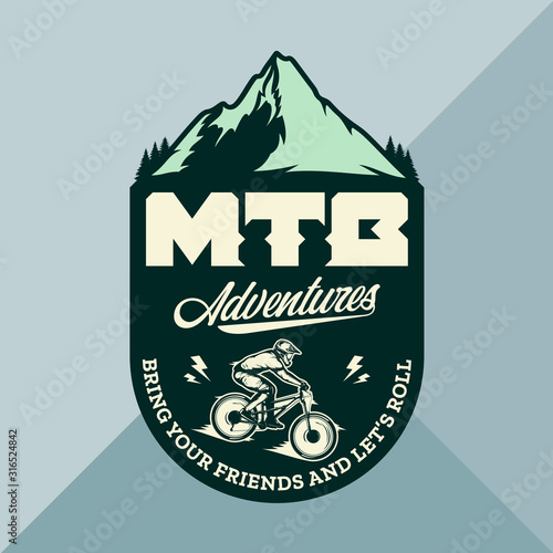 Vector mountain biking badge, logo, label with rider on a bike and mountain silhouette. Downhill, enduro, cross-country biking illustration