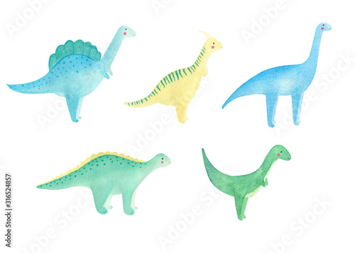 Watercolor hand drawn set with cute little dinosaurs isolated on white background. Clip art with colorful lovely dino. Children concept, design. For pattern, background, textile. 