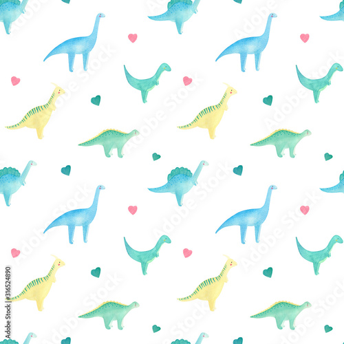 Cute watercolor dinosaur children seamless pattern on white background. Lovely summer pattern with colorful dino. Perfect for children textile  kids background   school supplies  covers  fabric. 