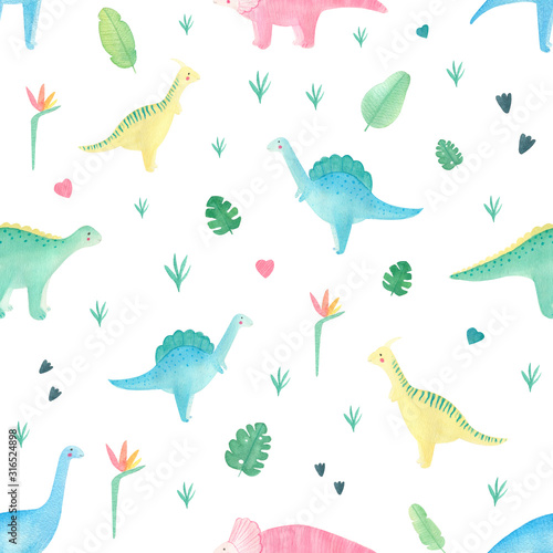 Cute watercolor dinosaur children seamless pattern on white background. Lovely summer pattern with colorful dino. Perfect for children textile  kids background   school supplies  covers  fabric. 