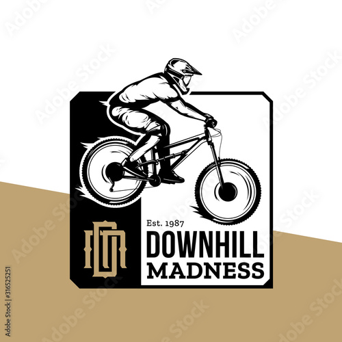 Vector downhill mountain biking badge, logo, label with rider on a bike. Downhill, enduro, cross-country biking illustration