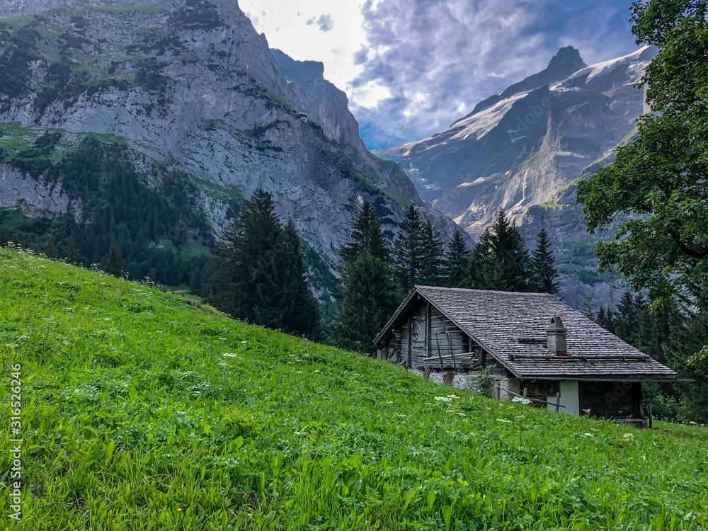 A single Hut with magnificent view of the swiss alps in Grindelwald, Switzerland