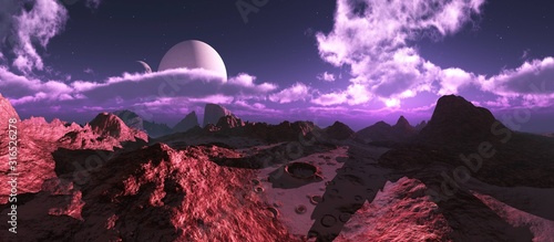 Canyon, alien landscape, surface of Mars, sunset on another planet, 3D rendering