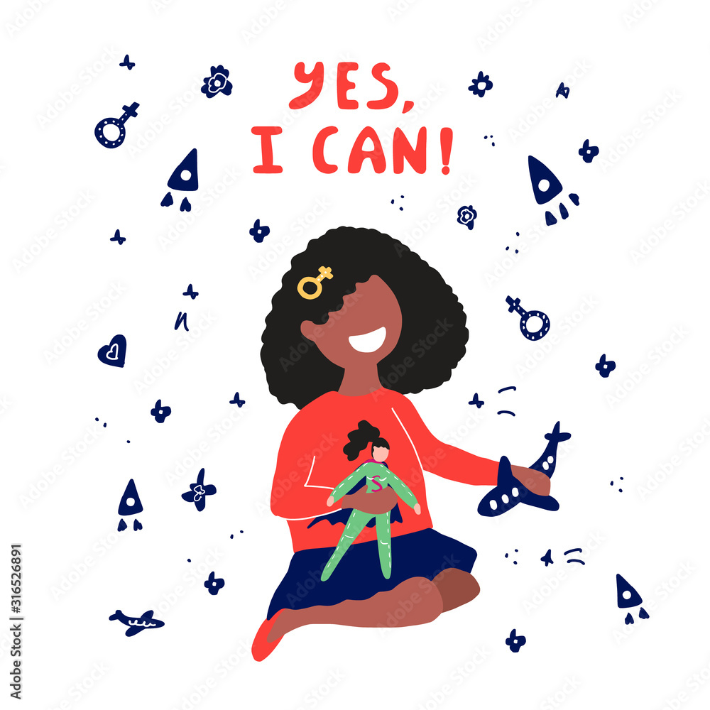 Woman superhero. Hand drawn vector illustration of a African American girl playing plane and doll. Yes, you can Woman superhero. Hand drawn vector illustration of a African American girl playing plane and doll. Yes, you can