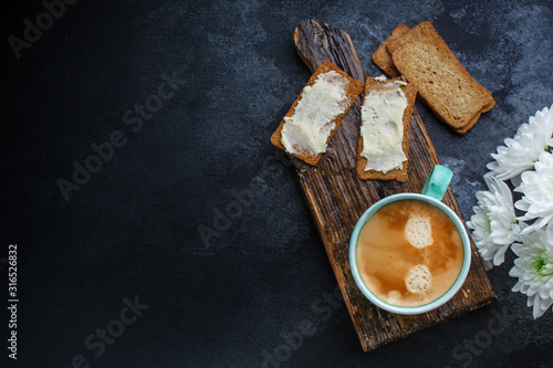 healthy breakfast coffee and sandwich, (delicious snack) menu concept. food background. top view. copy space