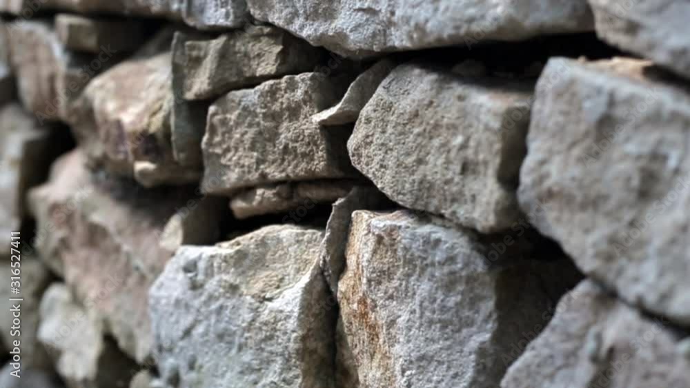 the camera moves past a wall of wild stone, slow motion the camera moves past a wall of wild stone, slow motion