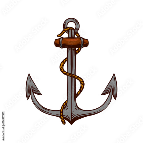 Illustration of anchor in engraving style on white background. Design elements for poster, t-shirt. Vector illustration.