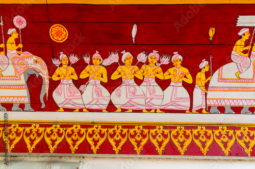Religious paintings on the wall of Sri Dalada Maligawa or the Temple of the Sacred Tooth Relic, a Buddhist temple in the city of Kandy, Sri Lanka. which houses the relic of the tooth of the Buddha.