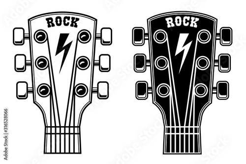 Illustration of guitar head isolated on white background. Design element for poster, card, banner, sign. Vector illustration