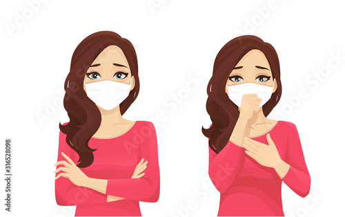 Sad beautiful woman wearing protective mask as protection against transmissible infectious diseases and air pollution. Isolated vector illustration