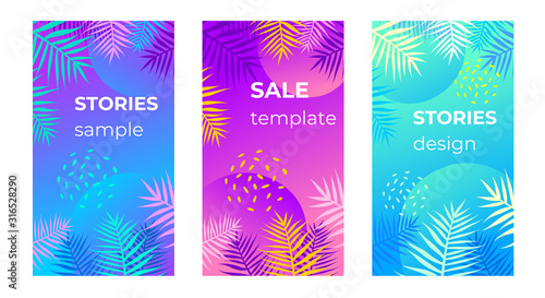 Neon gradient background frame with palm leaves. Vector set. Iridescent hologram effect design. Tropical plants  trees pattern. Mobile display  stories sale templates social media  with copy space.