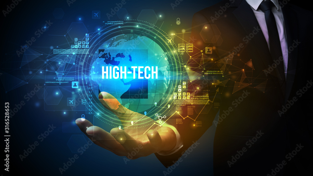 Elegant hand holding HIGH-TECH inscription, digital technology concept Elegant hand holding HIGH-TECH inscription, digital technology concept