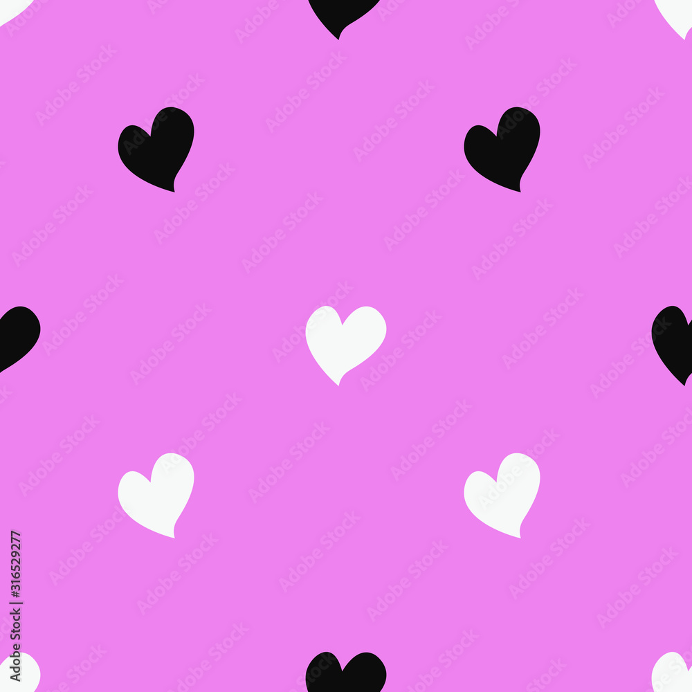 Seamless pattern with black and white hearts on a pink background. Vector illustration.