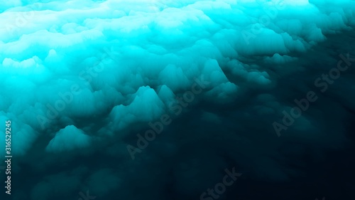 Ice in dark cold water. Iceberg abstract background. Glacier in water. Polar night. Antarctica surreal landscape. Frozen ocean texture. 3d illustration.