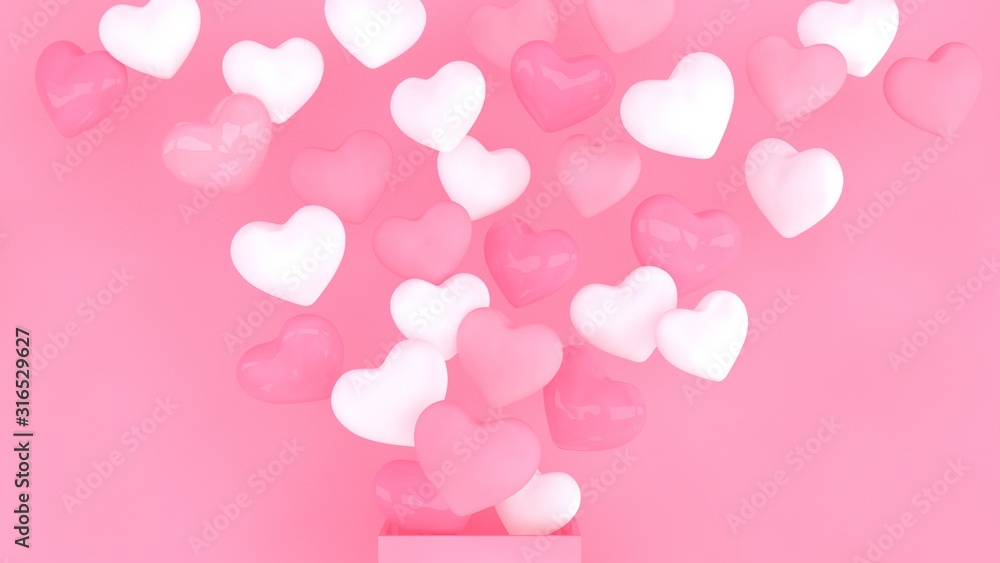 Hearts background. Valentines day banner design. 3d illustration. Pastel pink hearts. Love symbol wallpaper. Datting, wedding, engagement, marriage celebration. Romantic poster.