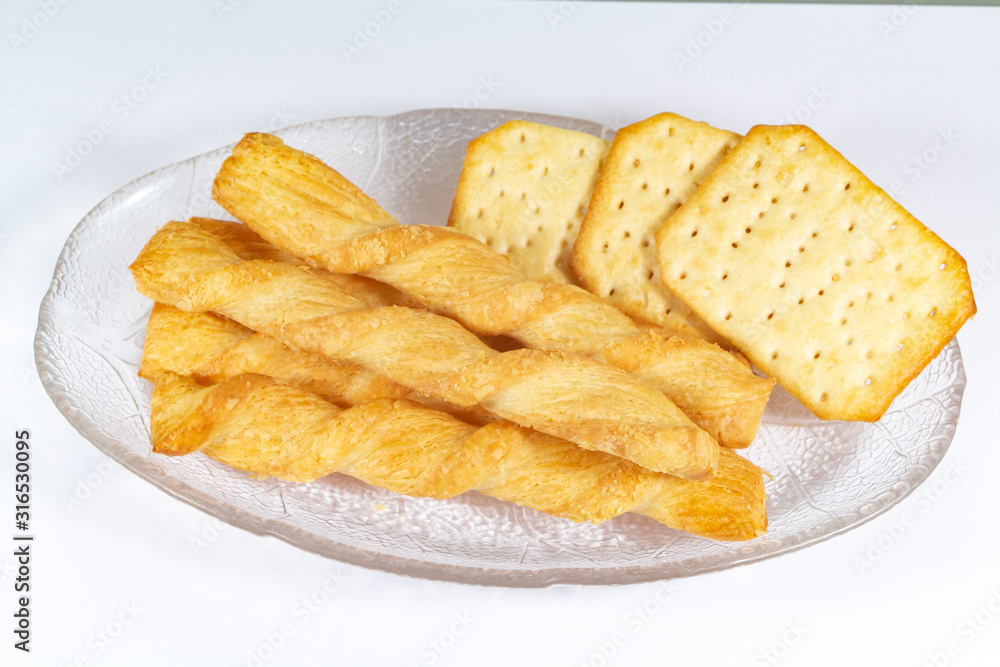 Crackers and snacks on a dish for appetizer