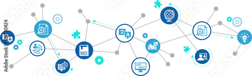 translation and language learning vector illustration. Abstract concept with connected icons showing aspects of international communication, language study or digital translation.