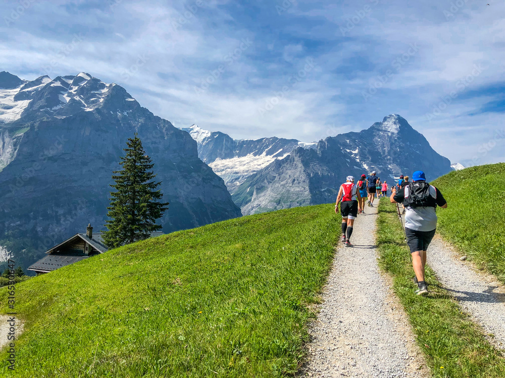Scenic view of Swiss Alps, single cottage house at the foot of the alpine, marathon runner on the pathway in Grindelwald, Switzerland