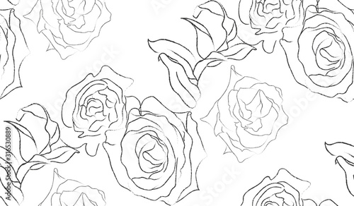 Delicate line drawing vector floral seamloess pattern with hand drawn delicate flowers, branches, leaves, blossom. Botanical illustration. Rose, petals