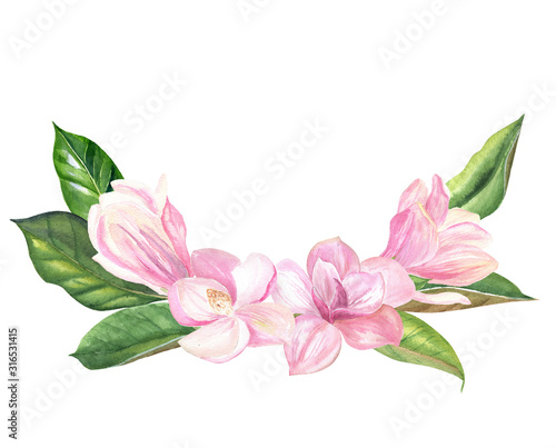 finished image of a wreath of pink Magnolia flowers with green leaves on a white background, watercolor