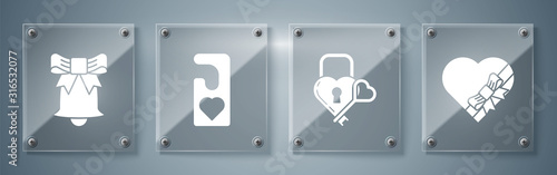 Set Candy in heart shaped box and bow, Castle in the shape of a heart and key, Please do not disturb with heart and Ringing bell. Square glass panels. Vector